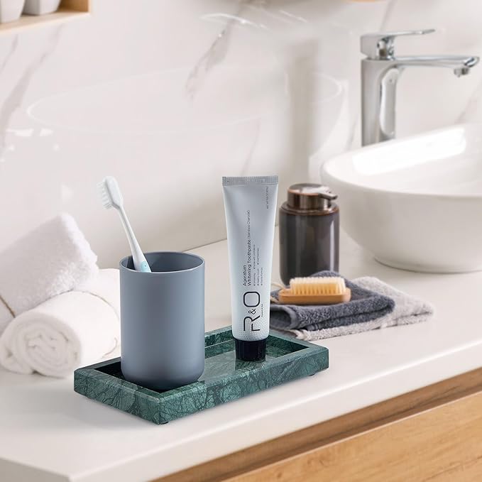 Natural Small Marble Vanity Tray, Luxury Stone Organizer for Bathroom & Kitchen | Holds Soap Dispenser, Jewelry, Perfume | Non-Resin, Non-Ceramic Décor (Green, Mini (7.9" x 4.3" x 0.78"))