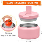 13.5oz Kids Jar for Hot Food, Insulated Vacuum Food Jar with Buckle Lid, Stainless Steel Wide Mouth Leak Proof Insulated Lunch Container for School Picnic Travel,Pink