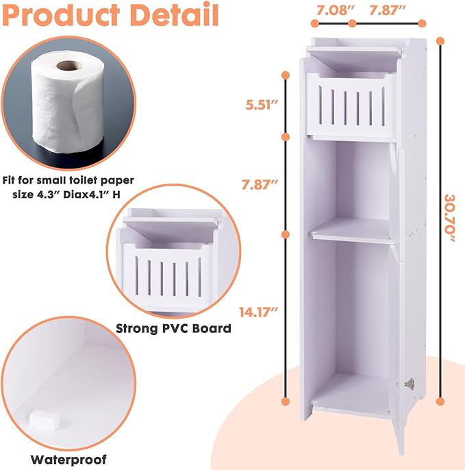 LuiceABC Toilet Paper Holder Stand, Over The Toilet Storage Cabinet for Bathroom, Slim Corner Shelf for Small Space Storage, Small Bathroom Storage Cabinet with Doors, White