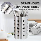 QRU Kitchen Utensil Holder for Countertop (H6.7” x W4.1”), Stainless Steel Cooking Utensil Caddy for Tools, Spatulas, Spoons, Silverware & More, Cooking Utensil Organizer, Kitchen Decor (Silver)