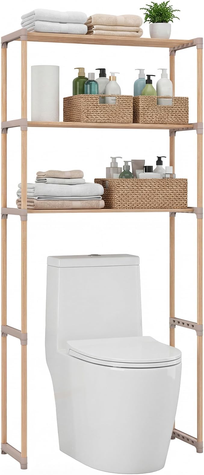 COSTWAY 3-Tier Over The Toilet Rack, Solid Wood Vertical Organizer with Slatted Shelves, Freestanding Space-Saving Toilet Storage Rack for Bathroom, Laundry Room