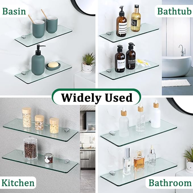 SAYAYO Floating Glass Shelves for Bathroom, 15 x 5 Inch Chrome Tempered Glass Shelf for Wall 1 Pack, Clear