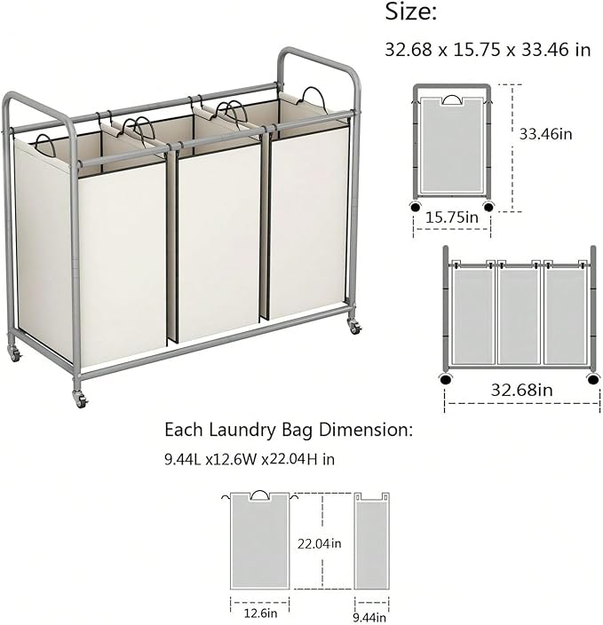 3-Bag Laundry Sorter Cart with Rolling Lockable Wheels, Removable Bags, 32.68 x 15.75 x 33.46 in, Black, Beige and Grey (Beige)