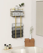Towel Racks for Bathroom - Wall Mounted Metal Rack with Wood Plank, Bathroom Storage Organizer, Towel Holder Stores 6 Large Rolled Towels Easily, Gold and Size XL 31"