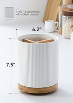 LoeJan 7.5" Utensil Holder, 3 Compartment Ceramic Kitchen Utensil Holder with Cork Bottom, Large Utensil Crock for Countertop, Cooking Tool Organizer Set for Kitchen Counter(White,Vertical Stripe)
