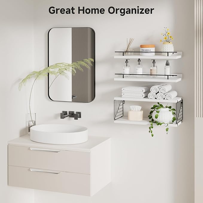 Floating Shelves for Wall, Floating Shelf for Bathroom Set of 3, Floating Shelf for Wall with Toilet Paper Holder for Bathroom, Bedroom, Living Room, Kitchen, Office (White)