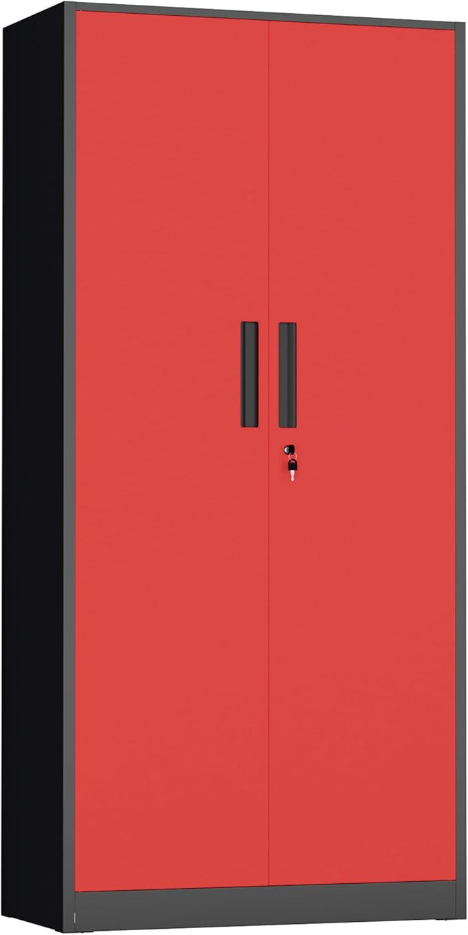 INTERGREAT Metal Storage Cabinet,72" Steel Lockable File Cabinet with Locking Doors and Adjustable Shelves,Locking Tool Cabinets for Office,Home,Garage,Gym,School (Black Red)