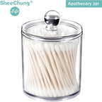 SheeChung Clear Acrylic Qtip Holder with Labels–Shatterproof Plastic Apothecary Jars for Bathroom Organization–Vanity Cotton Swab Holder Canisters for Cotton Balls, Pads, Floss Picks-Minimalist Decor