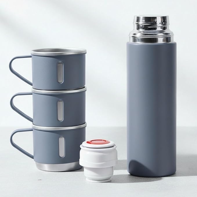 Blue Vacuum Flask Gift Set, Stainless Steel Insulated Water Bottle w/ 3 Cups, Hot & Cold Drinks Coffee Thermo Water Bottle, Reusable Thermal Cup for Outdoor Camping Travel, Termos para Agua Fria, 17oz