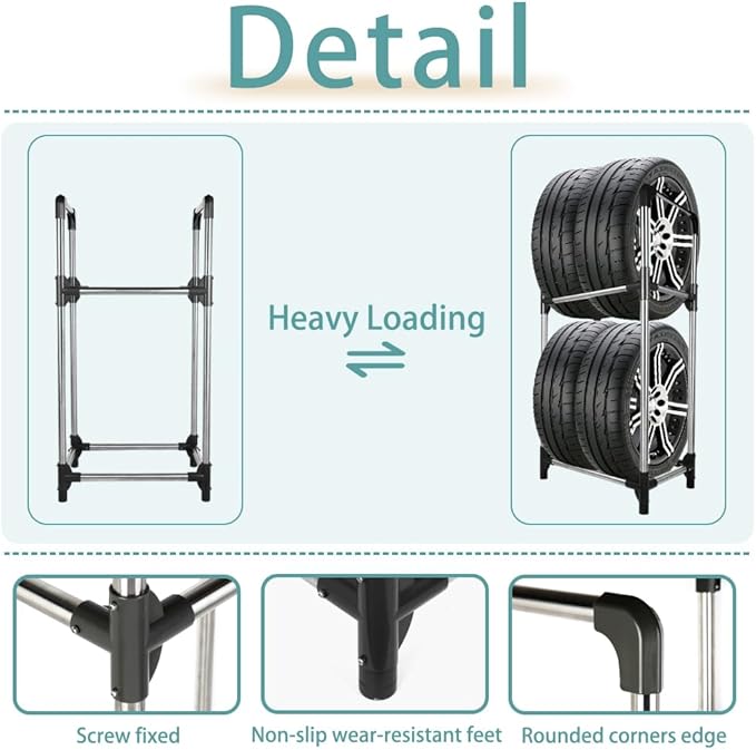 Hershii Tire Storage Rack Standing Garage Storage Shelf Organizer for Indoor Outdoor Use - Black + Silver, 22.51'' X 14.16'' X 45.11''