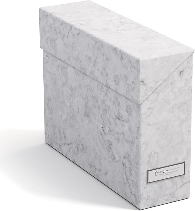 Bigso Lovisa Fiberboard Label Frame 12 File Storage Box - Paperwork Storage Box with Metal Label Holder - Durable Document Organizer with Flip Top Lid - 3.7in x 13in x 9.4 in - Marble