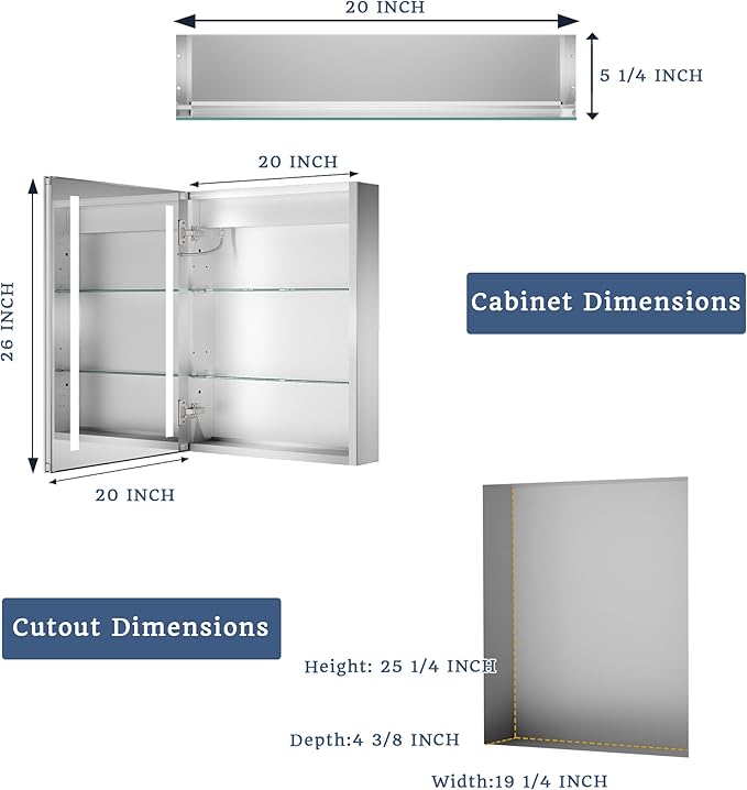 ExBrite LED Lighted Bathroom Medicine Cabinet with Mirror, 20 x 26 Inch, Recessed or Surface Mount, Anti-Fog, Stepless Dimming, Color Temperature Adjustment, 2 Outlets, Storage Shelves, Right Hinge