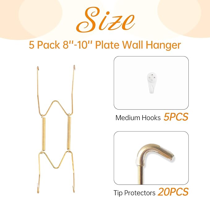 Bilillo 5 Pack Plate Hangers for The Wall, Suitable for 8-10 inch Art Plate, Stainless Steel Invisible Heavy Duty Wire Plate Holder with Wall Hooks, Plate Hangers for Displaying Plates, Platter, Dish