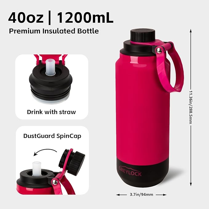 GREYLOCK 40 oz Insulated Water Bottle with Straw Lid, Leakproof Reusable Stainless Steel Vacuum Flask, 24hr Cold & Hot, Carry Handle & Silicone Spout, BPA-Free for Gym, Hiking, Travel,Red