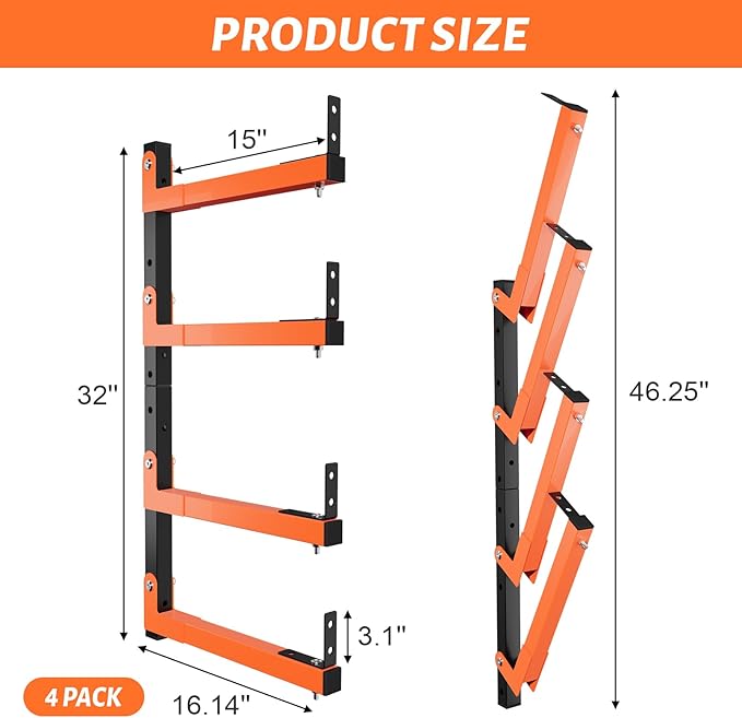 32" Lumber Storage Rack, Upgrade Folding Lumber Rack Wall Mount, Heavy Duty Adjustable Metal 8 Level Wood Storage Rack for Garage Storage Organization, 4 Packs