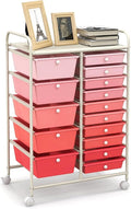 LUARANE Rolling Cart with 15 Drawers, Craft Storage Cart with Portable Handles & Lockable Wheels, Mobile Toys Organizer, Large Capacity Utility Drawer Cart Home Office School Teacher (Gradient Pink)