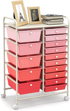 LUARANE Rolling Cart with 15 Drawers, Craft Storage Cart with Portable Handles & Lockable Wheels, Mobile Toys Organizer, Large Capacity Utility Drawer Cart Home Office School Teacher (Gradient Pink)