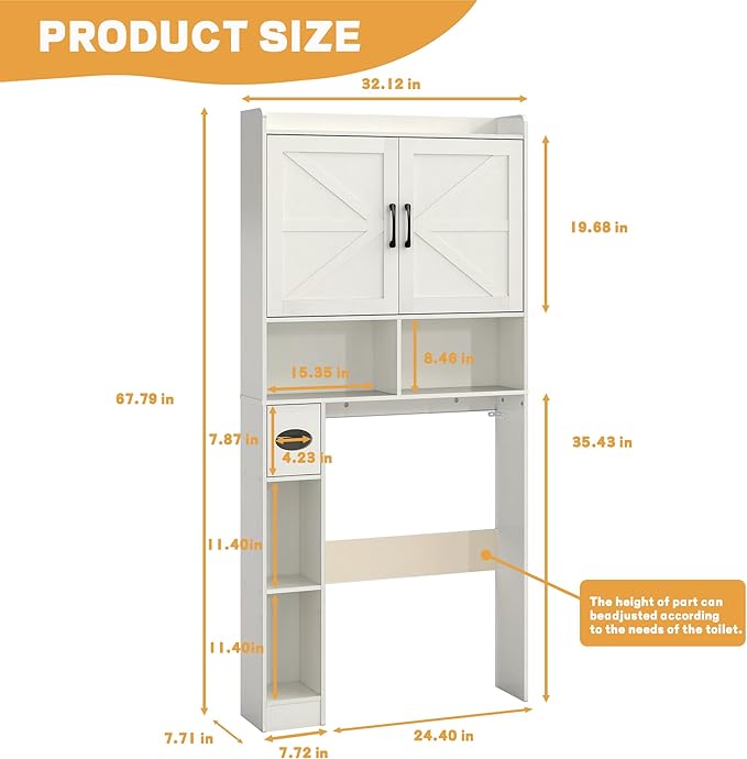 Over The Toilet Storage Cabinet, 32" W Over Toilet Bathroom Organizer with Toilet Paper Holder Stand, Home Space-Saving Toilet Rack with Shelves for Bathroom, Restroom (2 Barn Doors, White)