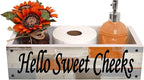 Lnond Rustic Bathroom Decor Box, Bathroom Toilet Tank Tray Storage Basket, Hello Sweet Cheeks Bathroom Wooden Toilet Paper Basket with Handle, Orange
