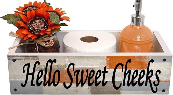Lnond Rustic Bathroom Decor Box, Bathroom Toilet Tank Tray Storage Basket, Hello Sweet Cheeks Bathroom Wooden Toilet Paper Basket with Handle, Orange