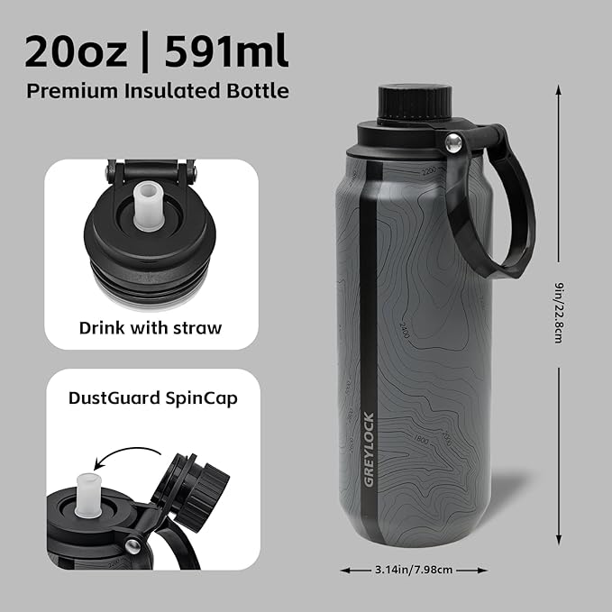 Greylock 20 oz Insulated Water Bottle with Straw Lid, Reusable Stainless Steel Sports Water Bottles with Foldable Handle, Leak Proof, Double-Wall Vacuum Insulation, 24 Hours Cold (Mapmaker's Muse)