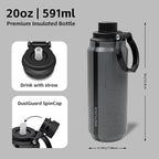 Greylock 20 oz Insulated Water Bottle with Straw Lid, Reusable Stainless Steel Sports Water Bottles with Foldable Handle, Leak Proof, Double-Wall Vacuum Insulation, 24 Hours Cold (Mapmaker's Muse)