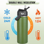 18oz Insulated Stainless Steel Water Bottle, Wide Mouth Double Wall Vacuum, Silicone Straw, Sweat & Leak Proof, BPA Free Insulated Water Flask for Travel, Keep Cold 24h Hot 12h, Green