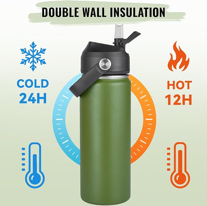 18oz Insulated Stainless Steel Water Bottle, Wide Mouth Double Wall Vacuum, Silicone Straw, Sweat & Leak Proof, BPA Free Insulated Water Flask for Travel, Keep Cold 24h Hot 12h, Green