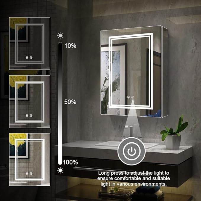 High-End Led Medicine Cabinet,Lighted Medicine Cabinet,3 Colors&Dimmable,Demister,Lighted Glass Shelf,USB Shaver Socket.Surface Mount or Recess Mount,16×24inch
