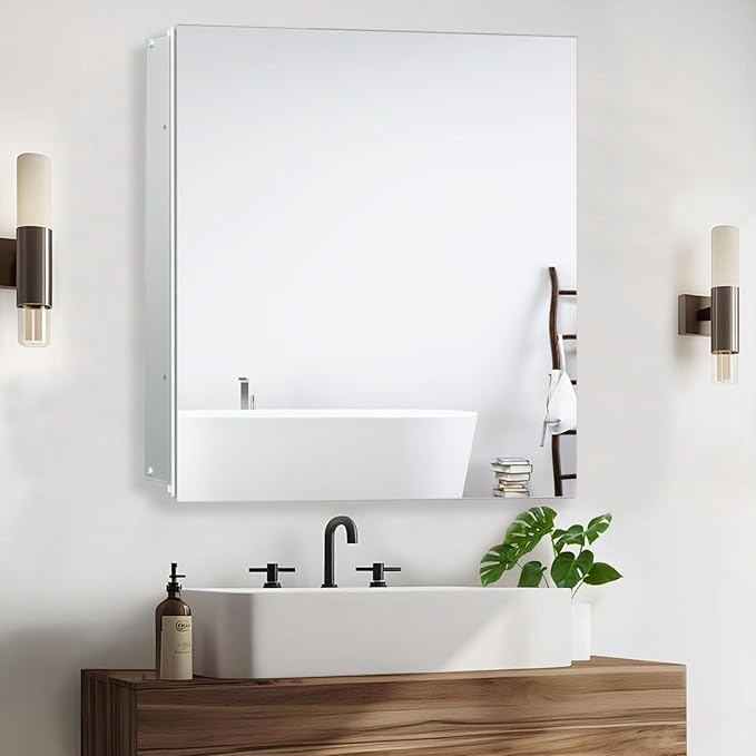 Aluminum Medicine Cabinet with Mirror, 20x20 Inch Mirror Cabinet, Assembly Needed, Recessed/Wall Mount, 3 Adjustable Tempered Glass Shelves, Bathrroom Medicine Cabinet, Reversable Door