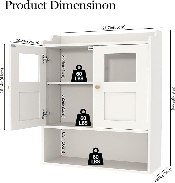 Bathroom Wall Cabinet, Medicine Cabinet with 2 Glass Door and Adjustable Shelves,White Wall Mounted Cabinet Over The Toile,3-Tier Wood Hanging Storage for Bathroom,Kitchen,Living,Laundry Room