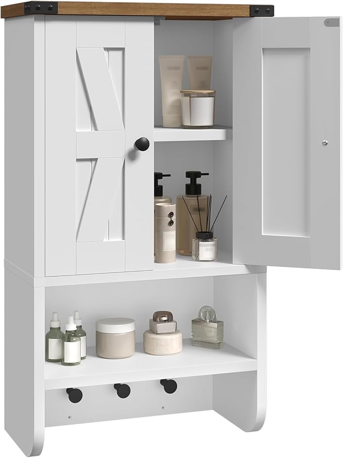 Bathroom Wall Cabinet, Farmhouse Medicine Cabinet with Adjustable Shelf, 3-Tier Wall-Mounted Storage Cabinet with 3 Hooks and Open Shelf, for Bathroom, Living Room, Kitchen, White and Walnut