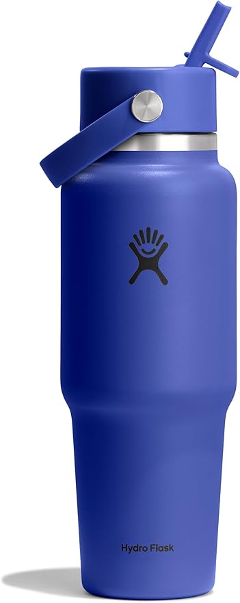 Hydro Flask Travel Water Bottle - Insulated Stainless Steel - Wide Straw Lid, Non Spill, Leakproof in 32 Oz Capri Blue