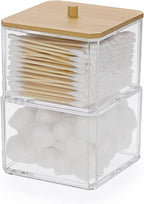 Hipiwe Clear Q-tip Dispenser Holder Acrylic Bathroom Containers 2-Tier Square Apothecary Jar with Lid Canister Cotton Swab and Ball Holder Vanity Storage Organizer for Cotton Round and Pads, Floss