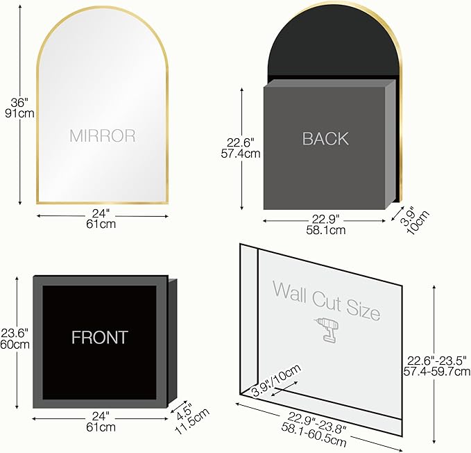 Arched Medicine Cabinet Mirror No Assembly Needed Bathroom Mirror with Storage Recessed or Surface Mount Options (Gold, 36" L x 24" W)