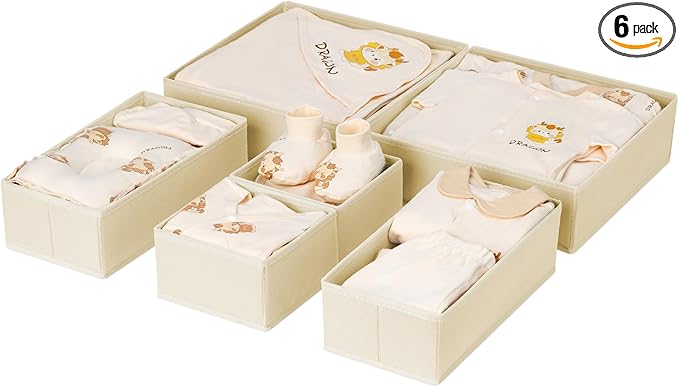 DIMJ Drawer Organizer Clothes 6 Pack - Foldable Baby Organizers and Storage & Dresser Organizer for Bedroom, Closet - Nursery Organization Dresser Dividers for underwear, Sock,Bra, Belt, Tie, Beige