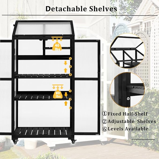 Sturdy Wooden Greenhouse for Balcony or Backyard Use with Rolling Wheels and Adjustable Shelving for Plant Growing (Black + Solid Wood + Wood)