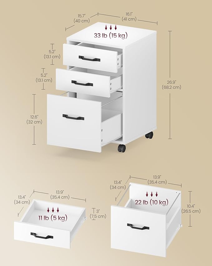 VASAGLE Mobile File Cabinet, 3 Drawers Filing Cabinet with Wheels, for Home Office, for A4, Letter Sized Documents, Adjustable Hanging Rail for File Folders, Cloud White UOFC065WB02S
