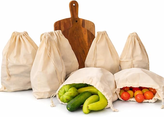 Premium Quality Extra Large 14"x17" Cotton Single Drawstring Muslin Produce Bags, Pack of 6, Multiuse - kitchen storage, Travel, Soap & Boot Storage, shoe bags - Natural