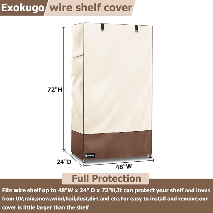 Wire Shelf Cover,600D Heavy Duty 100% Waterproof Shelf Covers for Wire Shelving,Outdoor Storage Shelves Cover for Metal Rack,48" W x 24" D x 72" H,Beige & Brown