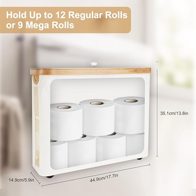 Toilet Paper Storage，Toilets Paper Holder for 12 Rolls,Bathroom Organizer and Storage,Waterproof Basket with Lid and Handle,Beige,1 Pack