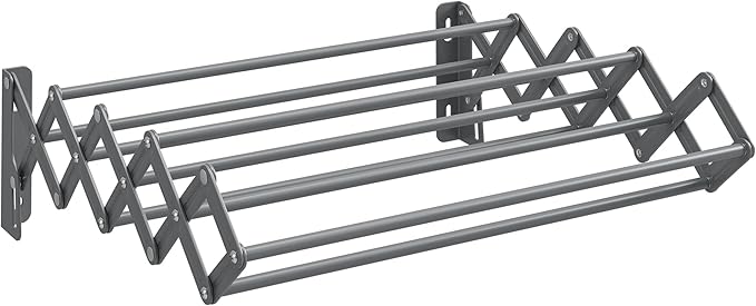 SONGMICS Clothes Drying Rack, Wall-Mounted Drying Rack Clothing, Small Accordion Laundry Rack, 9 Staggered Hanging Rods, Expandable and Retractable, Dove Gray ULLR802G01