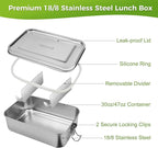 47oz Stainless Steel Bento Box for Adults, 3-Compartment Lunch Box with 2 Removable Dividers, Leak-Proof Metal Food Container, BPA-Free, Dishwasher Safe for Meal Prep, Work, Travel