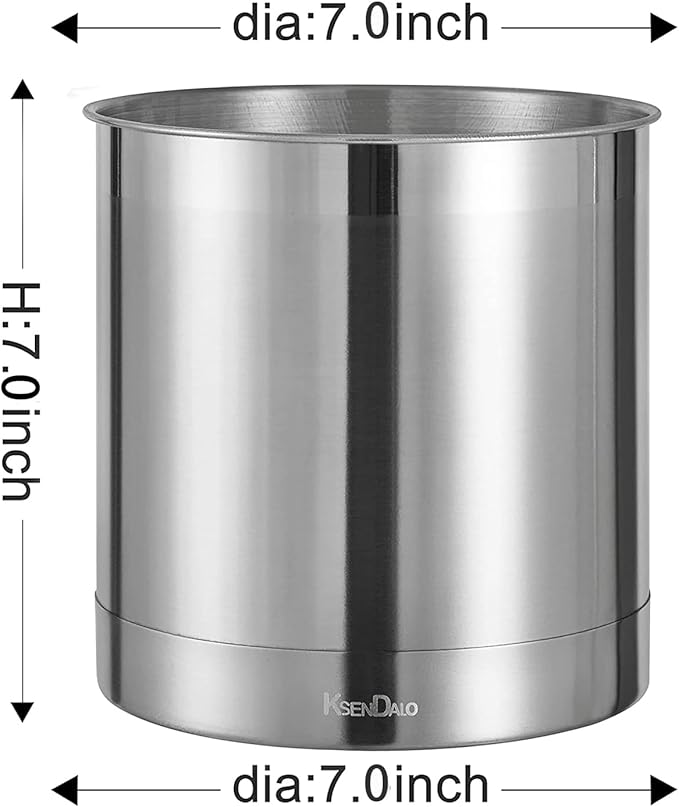 KSENDALO Stainless Steel Utensil Holder 7x7inch Large Utensil Holder for Countertop, Round Utensil Caddy for Spoons, Silverware, and Spatulas for Kitchen, Silver