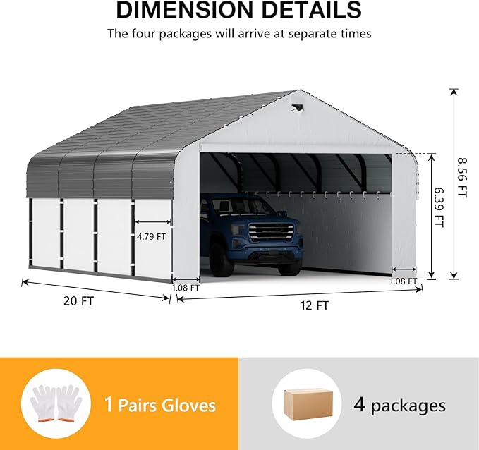 12x20 Metal Carport, Heavy Duty 2-Car Carport Canopy, CarPorts with Removable Polyethylene Sidewalls, Galvanized Steel Roof Car Tent Garage
