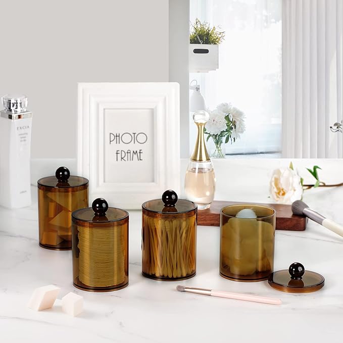 SheeChung 2 Pack Acrylic Qtip Holder,Amber Canister Apothecary Jars with Lids,10oz Qtip Dispenser Bathroom Set,Clear Plastic Vanity Storage Canisters for Cotton Swabs,Balls,Pads