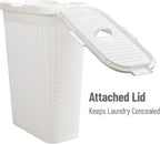 Mind Reader Slim Laundry Hamper with Lid, 40L Clothes Basket, Premium Wicker Design, Plastic, White