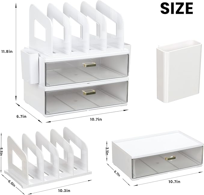 Acrylic Desk Organizer with Drawer and Vertical File Holder, Desk Organizers and Accessories, Multi-Functional Office Supplies Organizer for Home or Work Desk, White