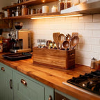 Wooden Kitchen Utensil Holder for Countertop - Extra Large Utensil Organizer for Storage Cooking and Silverware with 4 Compartment, Rustic Acacia Wood Container