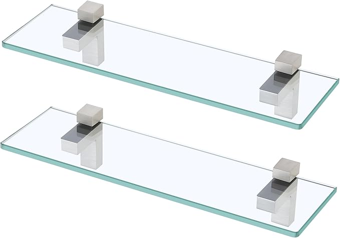 KES Glass Shelf for Bathroom, Floating Tempered Glass Bathroom Wall Shelf Rectangle 16 Inch Brushed Nickel Bracket, 2 Pack, BGS3201S40-2-P2
